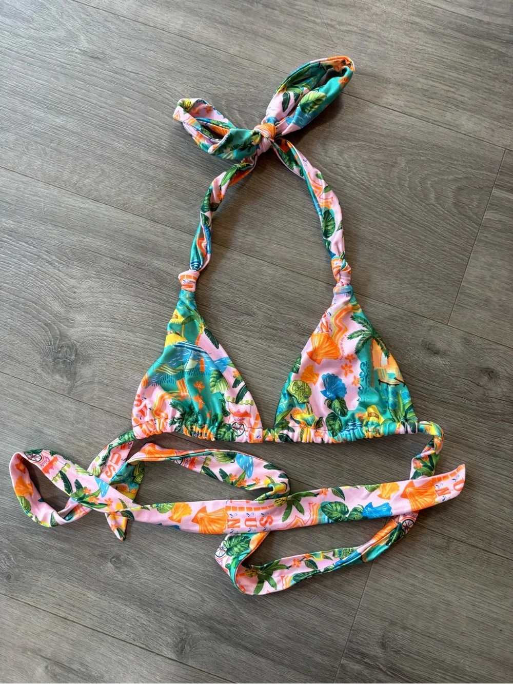 Kulani Kinis Sunlit Spritz Pink & Teal Tropical Print Halter Bikini Top Sz M